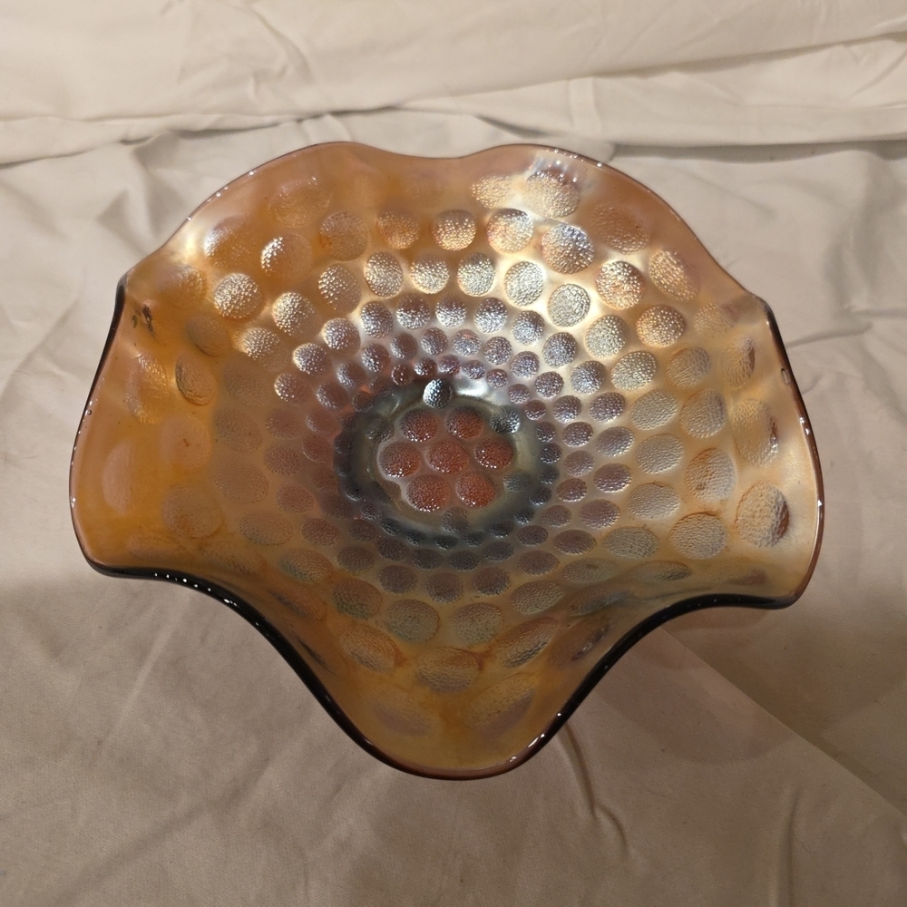 Fenton Orange Carnival Glass Iridescent Coin Dot Pattern Ruffled Bowl